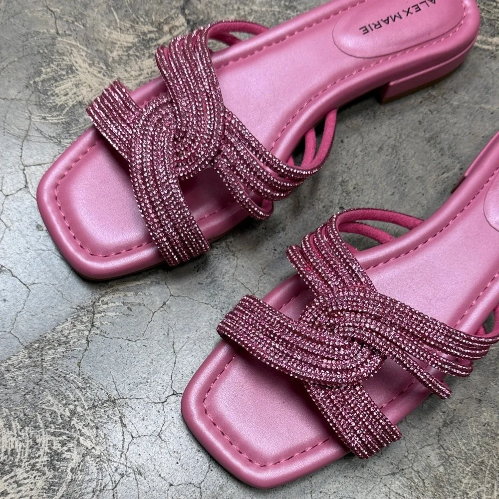 * Alex Marie Freesia Twist Rhinestone Square Toe Flat Sandals